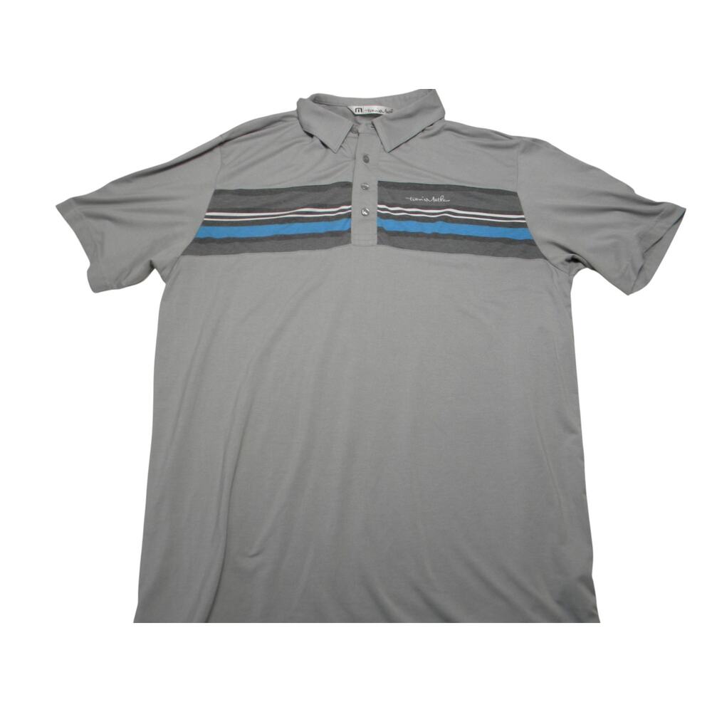 Travis Mathew Golf Polo Gray Stripe Blue Logo Size Large Performance‎ Athleisure